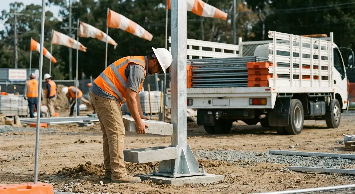 Temporary fence installation detail showing stable base configuration in Royal Oak, MI